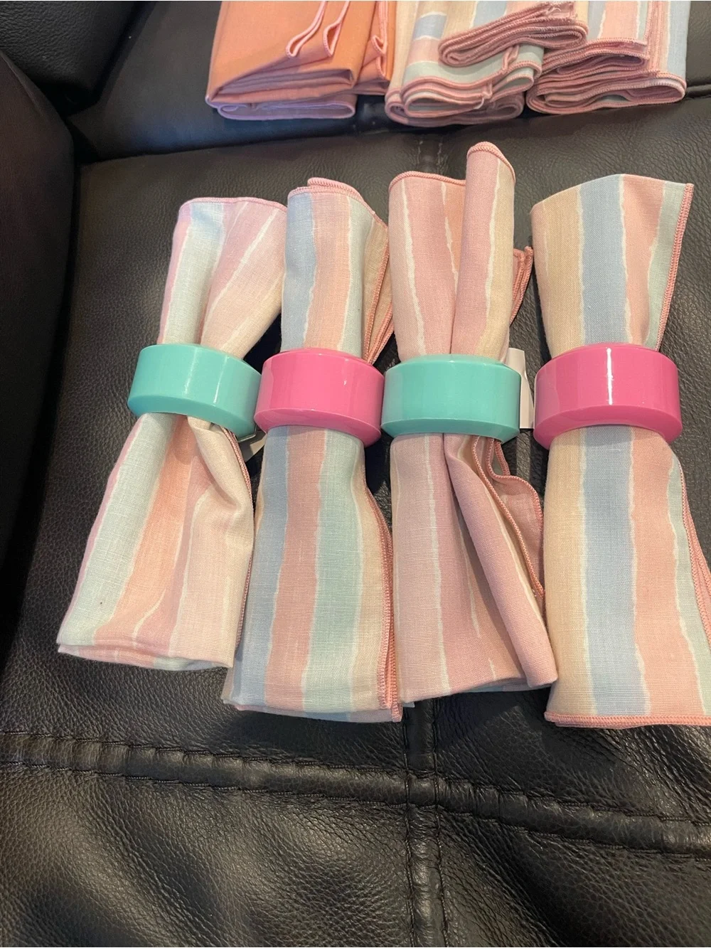Striped Pastel Napkins and Rings vintage set of 4